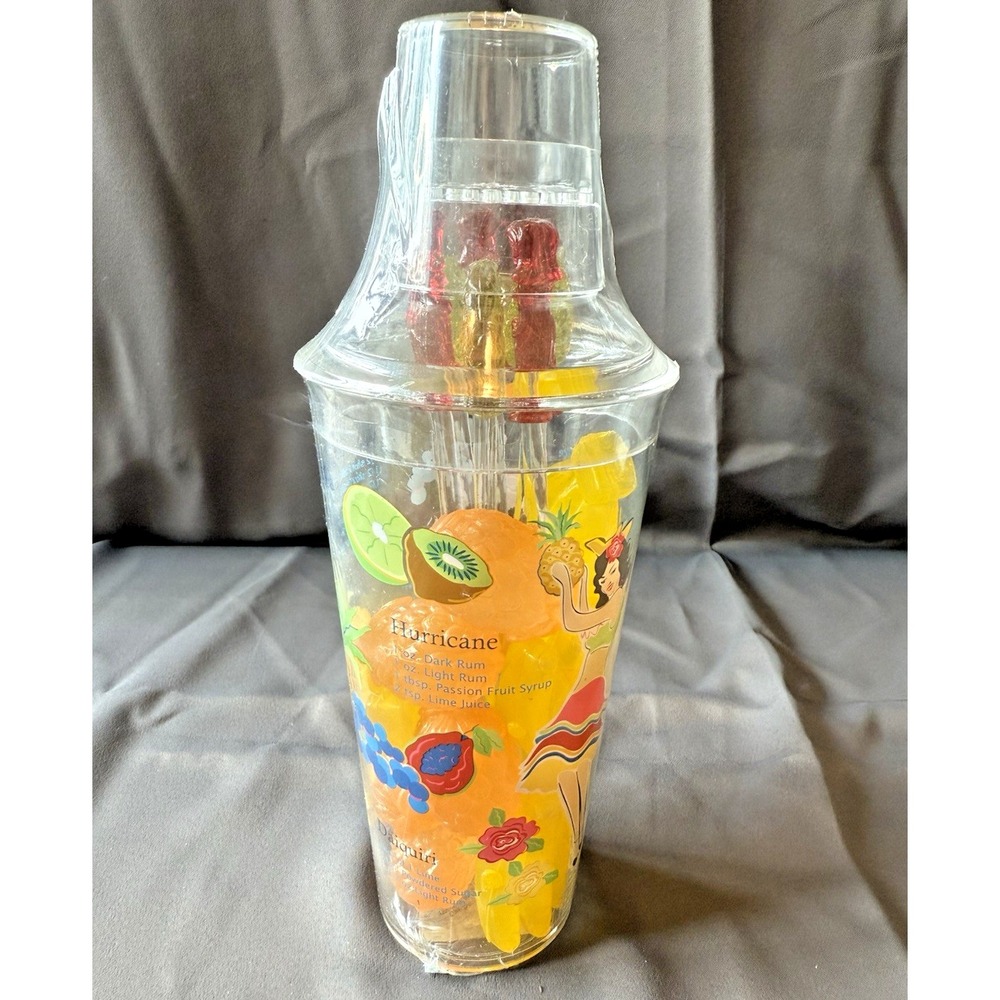 2005 TARGET Summer Fruit Fiesta Plastic 10" Cocktail Shaker Kit Stirs Ice Molds